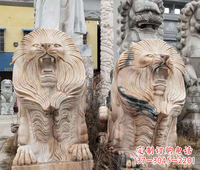 广西晚霞红石雕欧式石狮子