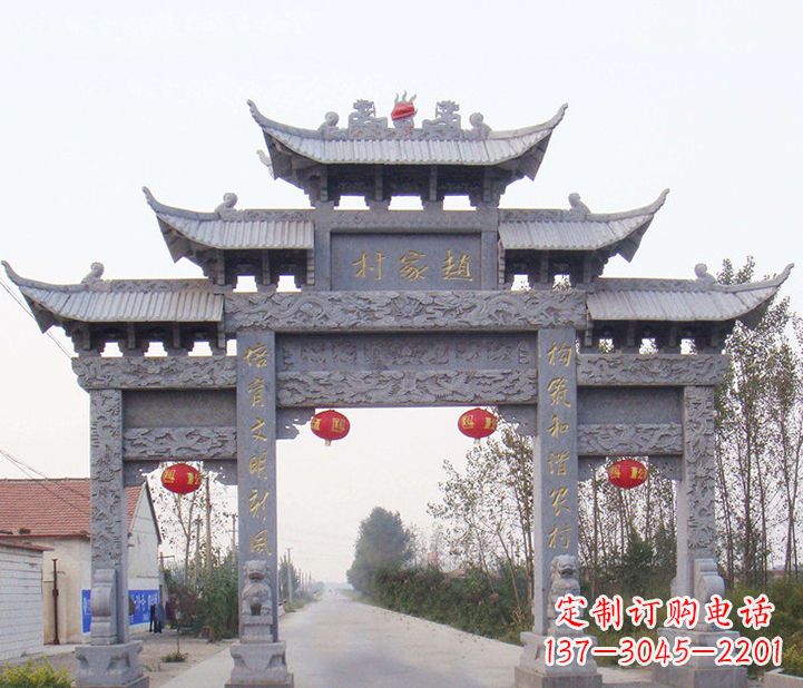 广西晚霞红石雕牌坊