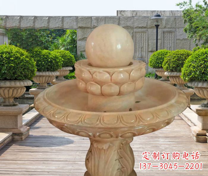 广西晚霞红双层风水球公园喷泉石雕 (2)
