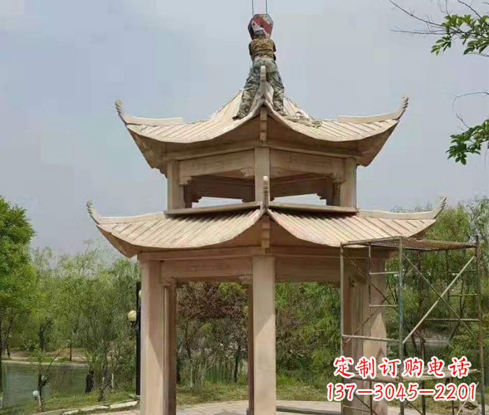 广西晚霞红双层凉亭石雕 (2)