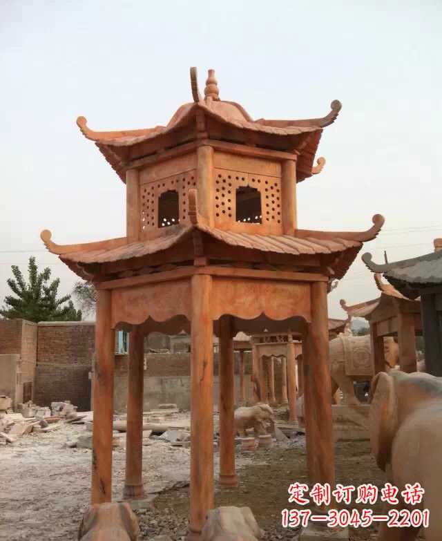广西晚霞红双层凉亭石雕