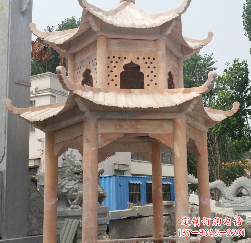 广西晚霞红双层六角凉亭石雕 (2)