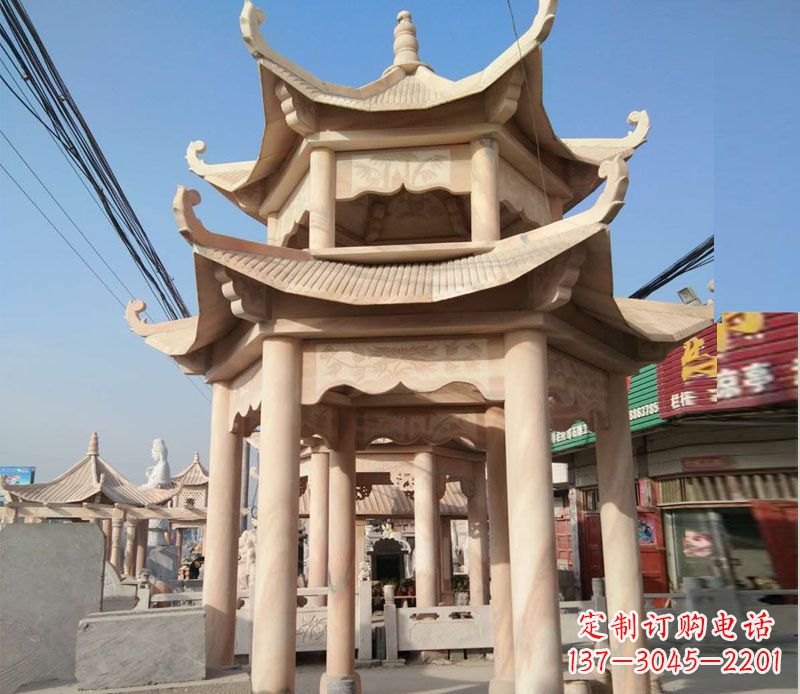 广西晚霞红双层六角凉亭石雕 (3)
