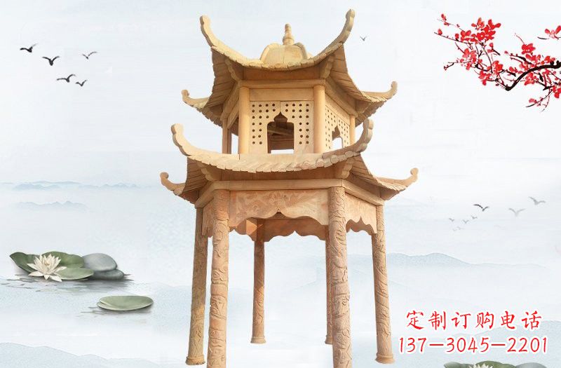 广西晚霞红双层六角凉亭石雕
