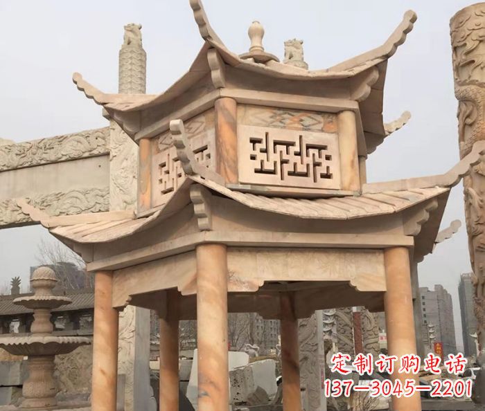 广西晚霞红双层石雕凉亭