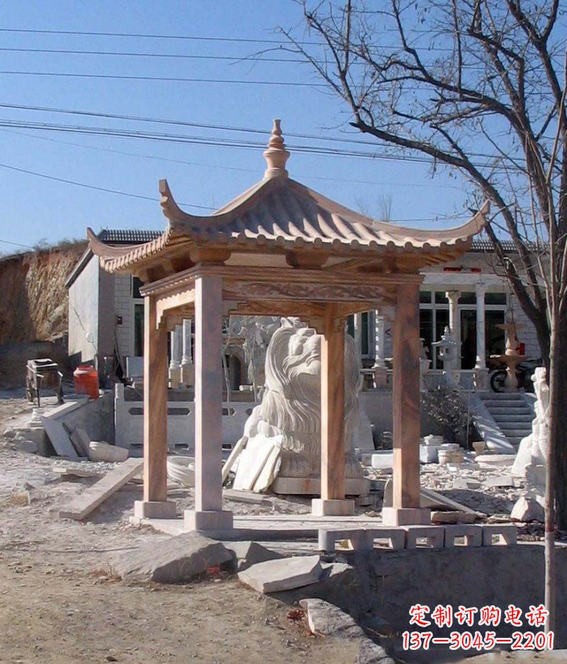 广西晚霞红四角凉亭景观石雕