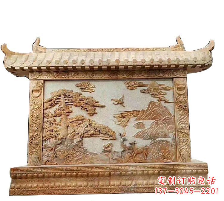 广西晚霞红松鹤延年浮雕影壁