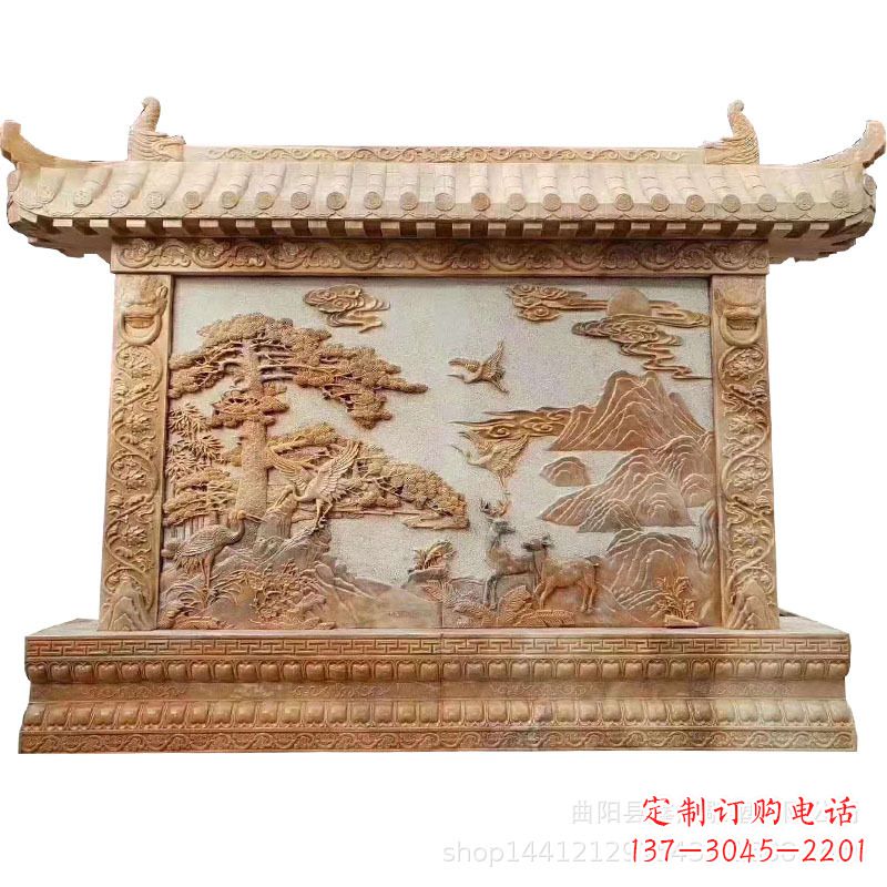 广西晚霞红迎客松石雕影壁
