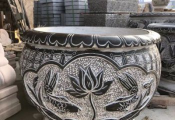 广西青石仿古荷花水缸雕塑