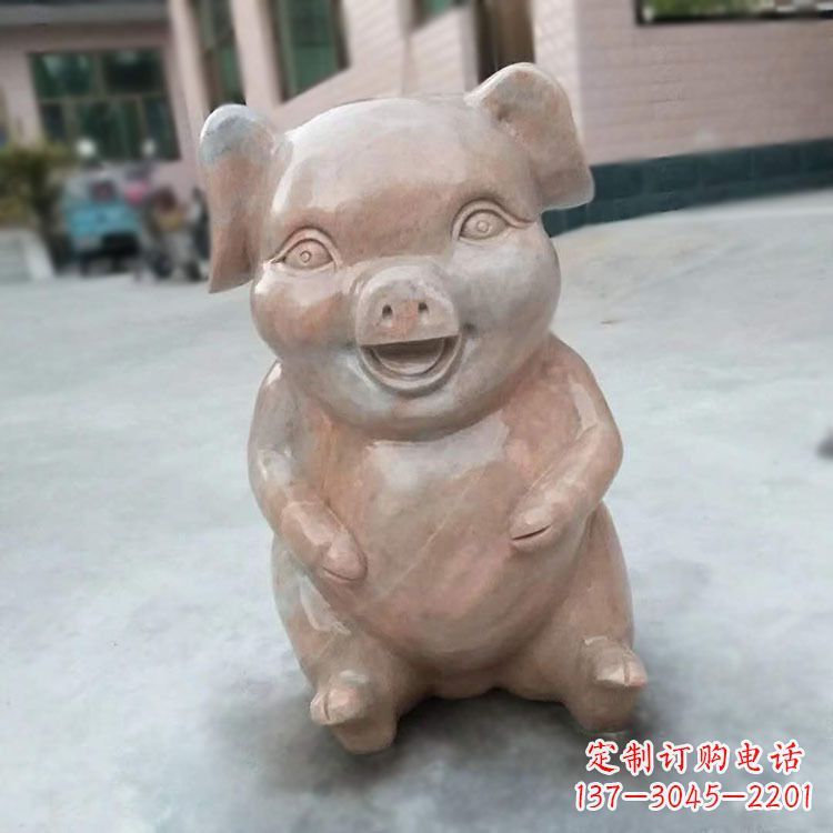 广西喜庆的石雕猪-晚霞红大理石生肖动物雕塑
