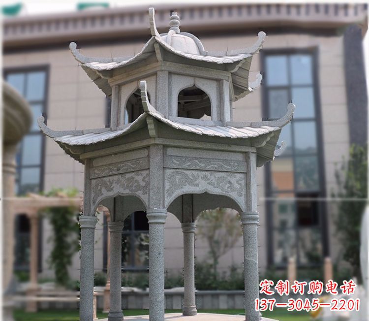 广西小区大理石六角石雕双层凉亭