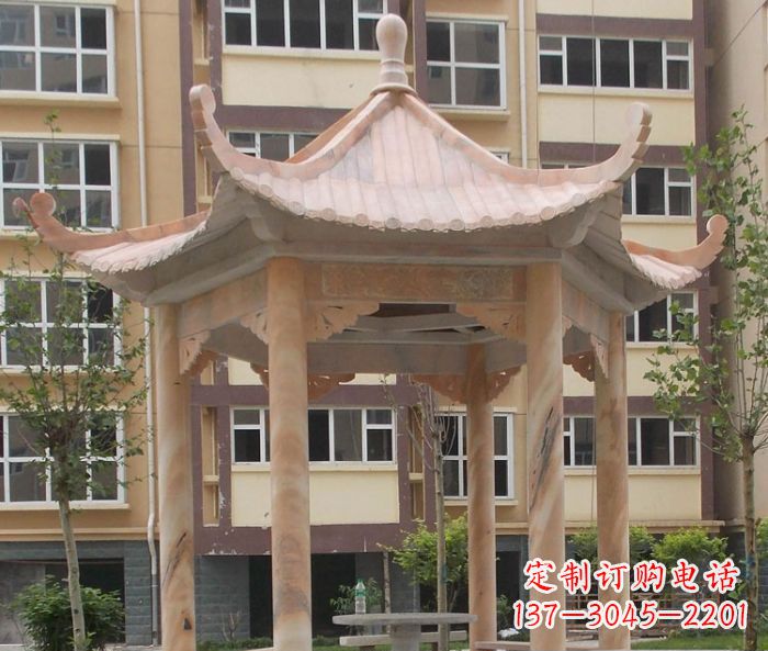 广西小区晚霞红六角凉亭石雕