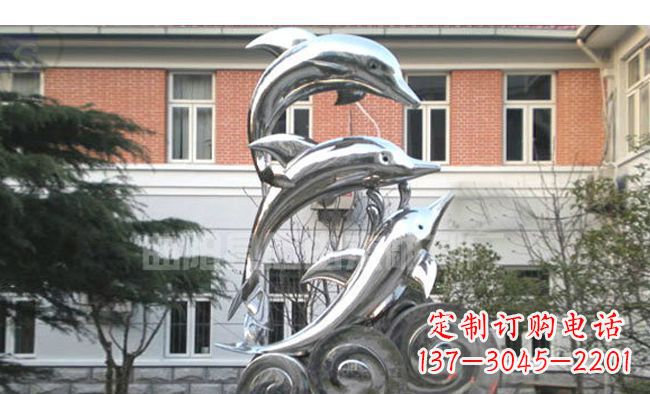 广西校园不锈钢海浪海豚雕塑