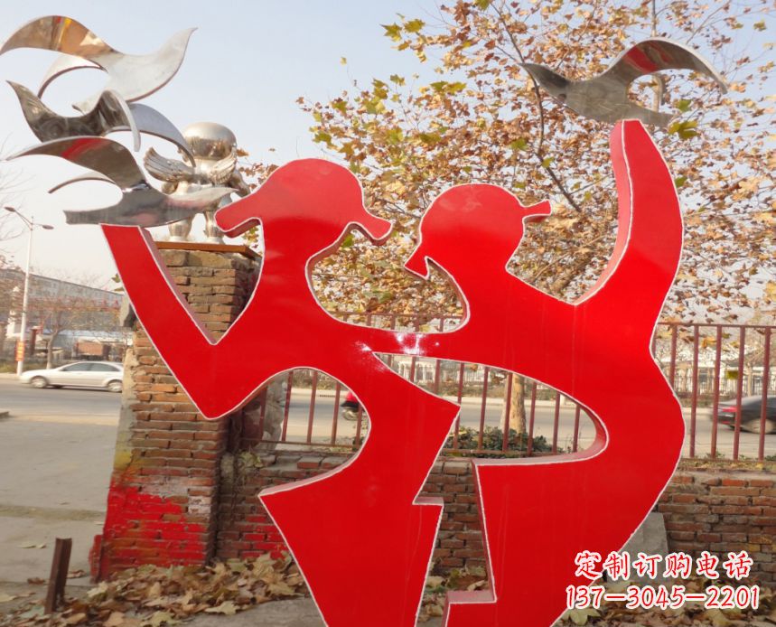 广西校园不锈钢剪影人物和和平鸽雕塑