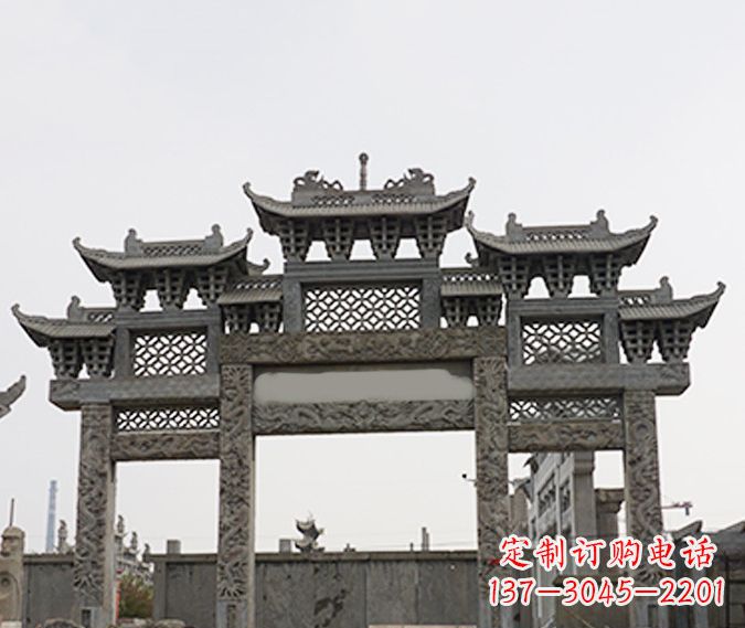 广西园林仿古三门牌坊石雕 (4)
