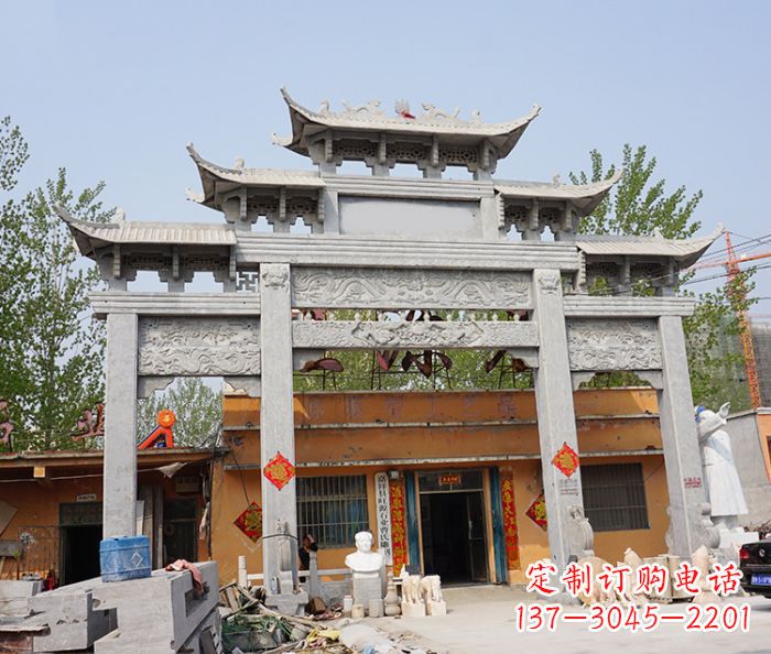 广西园林仿古三门牌坊石雕 (5)
