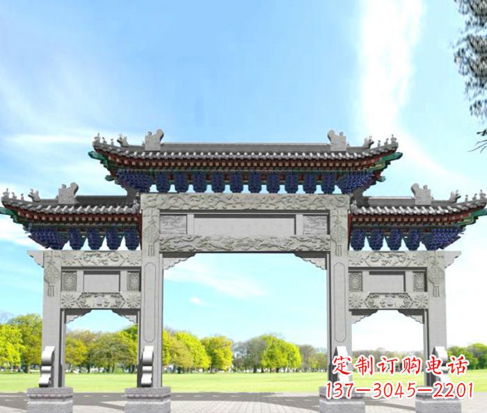 广西园林景观仿古三门石牌坊