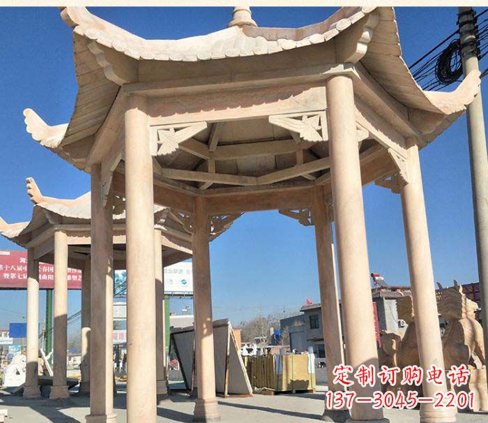 广西园林景观晚霞红六角石雕凉亭 (2)