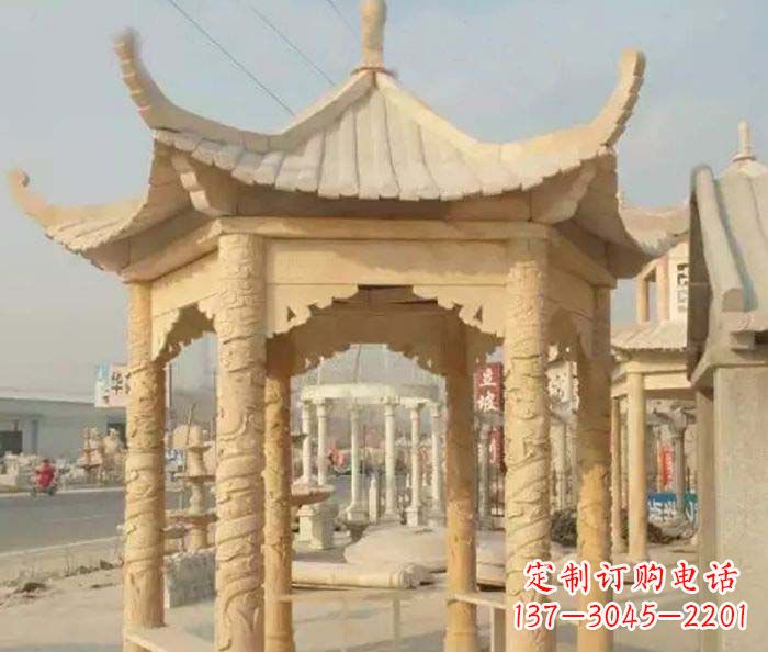 广西园林景观晚霞红六角石雕凉亭 (3)