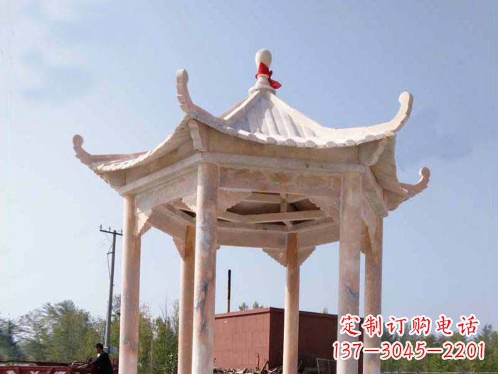 广西园林景观晚霞红六角石雕凉亭