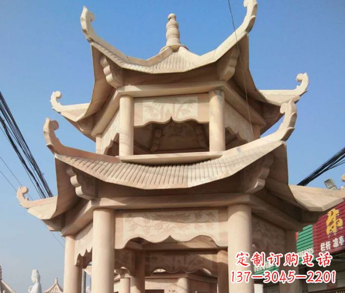 广西园林景观晚霞红双层石雕凉亭 (2)