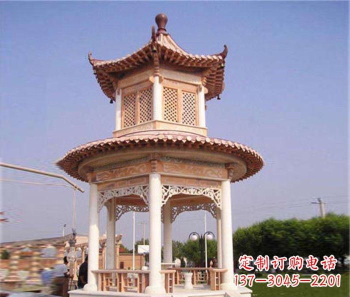 广西园林景观晚霞红双层石雕凉亭 (4)
