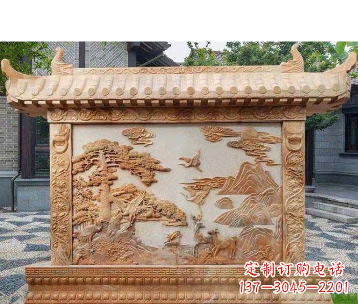 广西园林景观晚霞红松鹤石浮雕影壁