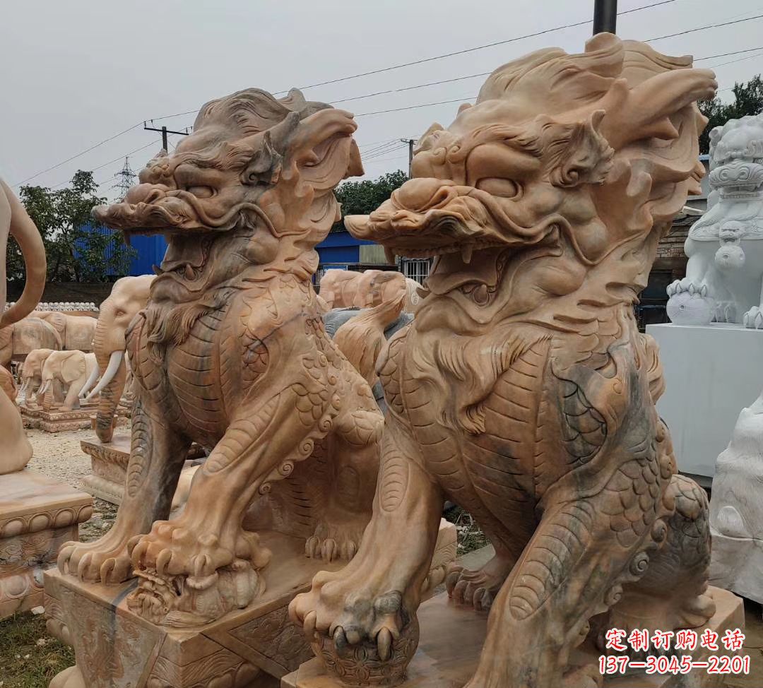 广西园林晚霞红古代招财神兽麒麟石雕