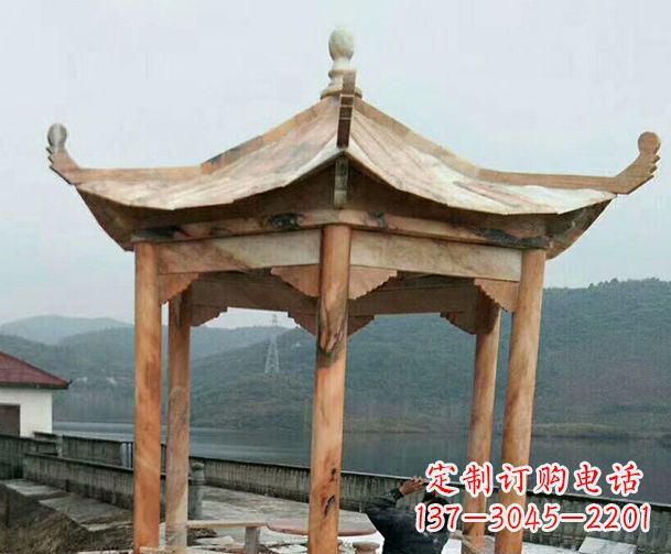 广西园林晚霞红单层石凉亭景观石雕