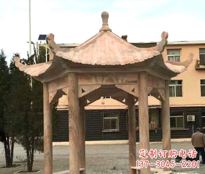 广西园林晚霞红六角石雕凉亭