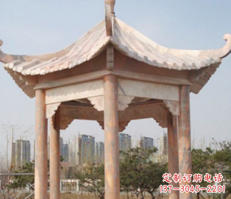 广西园林晚霞红六角石凉亭景观石雕