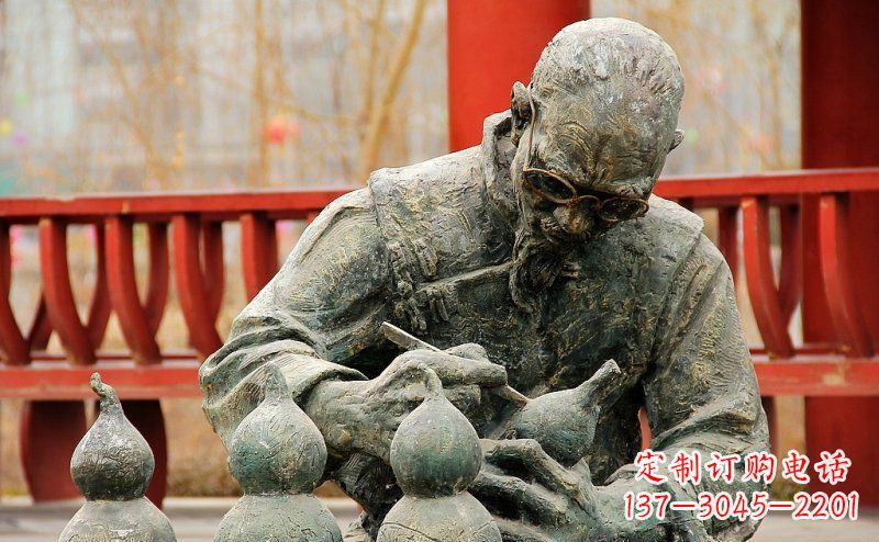 广西园林在葫芦上刻字的老人小品铜雕