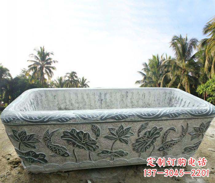 广西长方形连年有余荷花浮雕石水缸