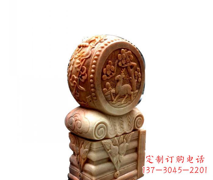广西招财石门墩晚霞红抱鼓石