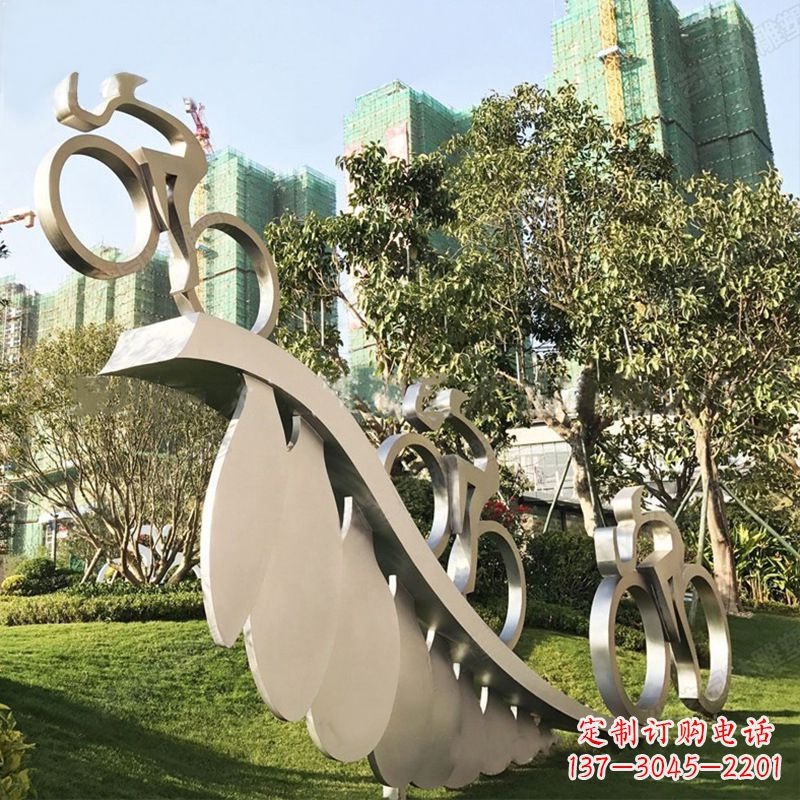 广西自行车雕塑-抽象不锈钢骑自行车人物景观雕塑